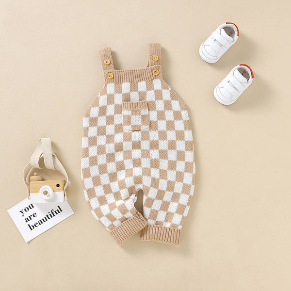 Baby Checkerboard Pattern Strap Design Knit Spring Autumn Rompers