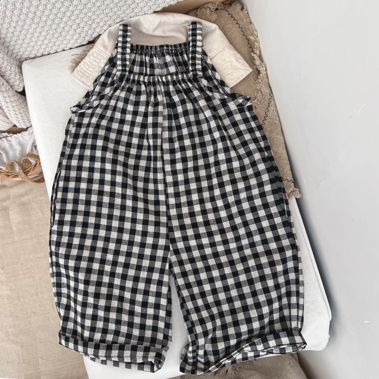 Baby Girl Plaid Pattern Sleeveless Strap Rompers In Spring