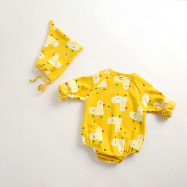 Baby 1pcs Cartoon Duck Print Button Front Rompers & Onesies With Triangle Hats