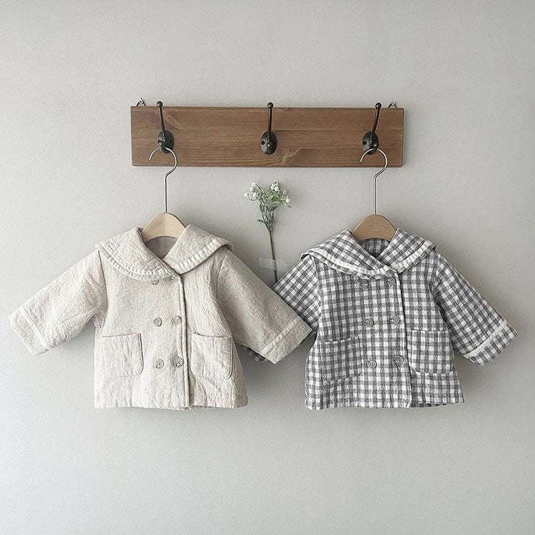 Baby Plaid Pattern Solid Color Lapel Design Cute Style Quilted Coat