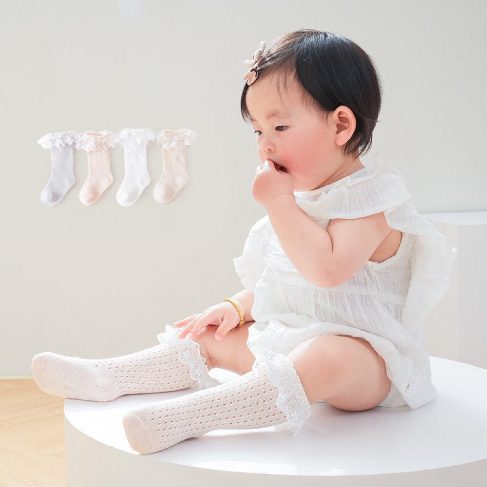 Baby Girl Solid Color Mesh Patched Design Lace Socks