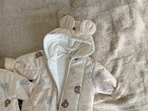 Baby Bear Print Pattern Quilted Warm Coat & Jumpsuit