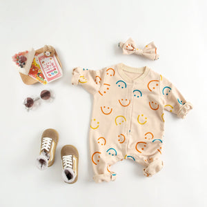 Baby Girl Smiley Print Pattern Single Breasted Design Long-Sleeve Rompers With Covered Buttton