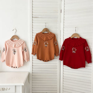 Autumn New Design Baby Girls Flowers Embroidery Pattern Long Sleeves Ruffle Collar Knitted Onesies