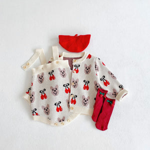 Baby Girl 1pcs Allover Cartoon Bear & Cherry Embroidered Graphic Bodysuit & Cardigan Knitted Sets