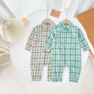 Baby Boy Classic Plaid Pattern Lapel Design Long Sleeve Rompers