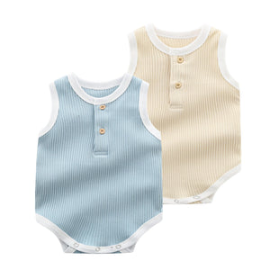 Baby Boy Solid Color Neck Buttoned Design Sleeveless Round Collar Onesies