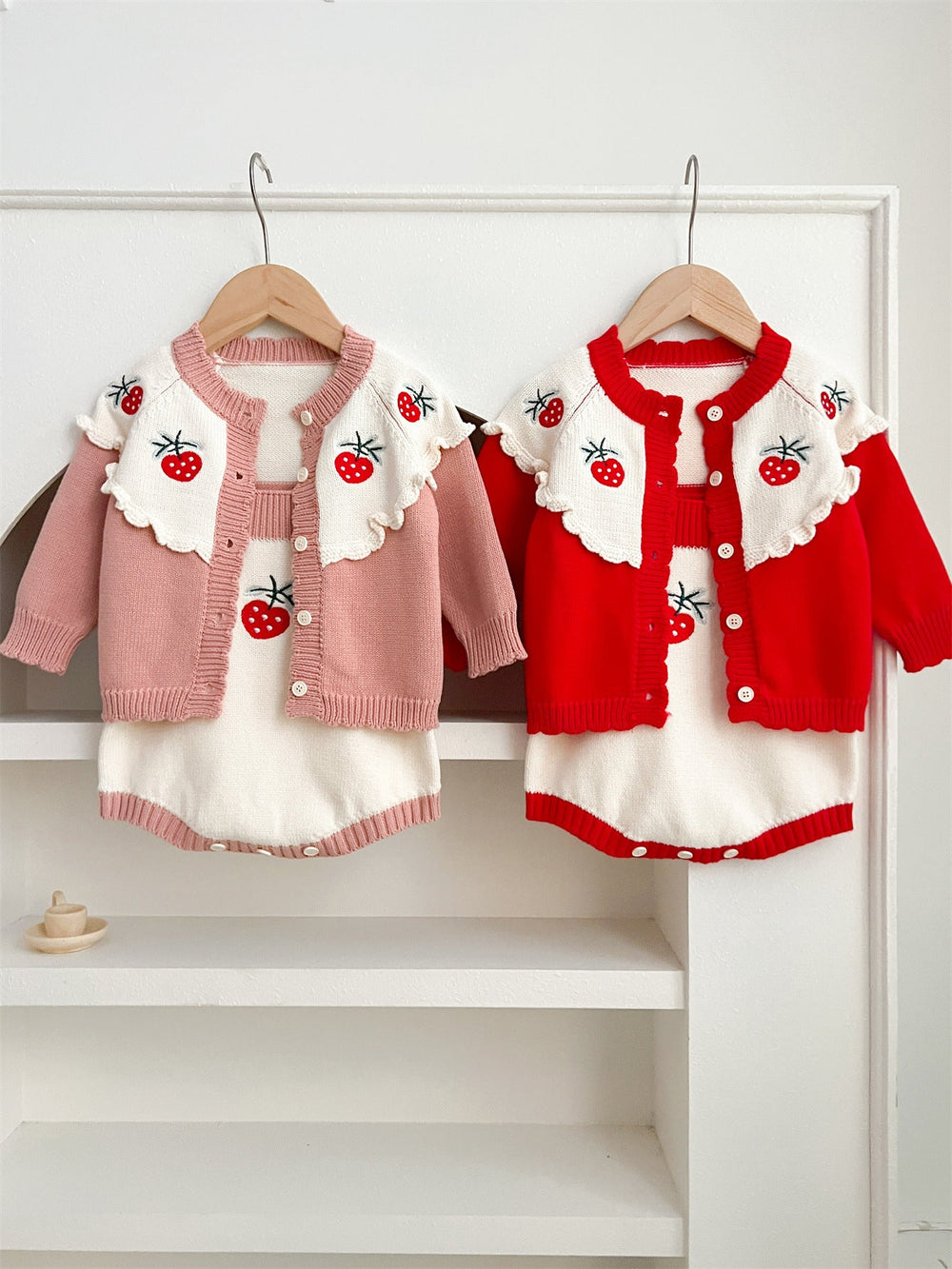 Arrival Autumn Baby Girls Long Sleeves Strawberry Embroidery Knitted Cardigan and Sleeveless Strap Bodysuits –  Clothing Set