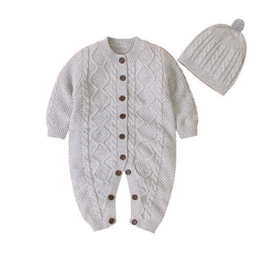 Baby Baby Cable Knitted Pattern Button Front Design Long Sleeve Warm Rompers & Hat