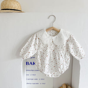 Baby Girl Floral Graphic Hollow Carved Mesh Doll Neck Long Sleeves Bodysuit