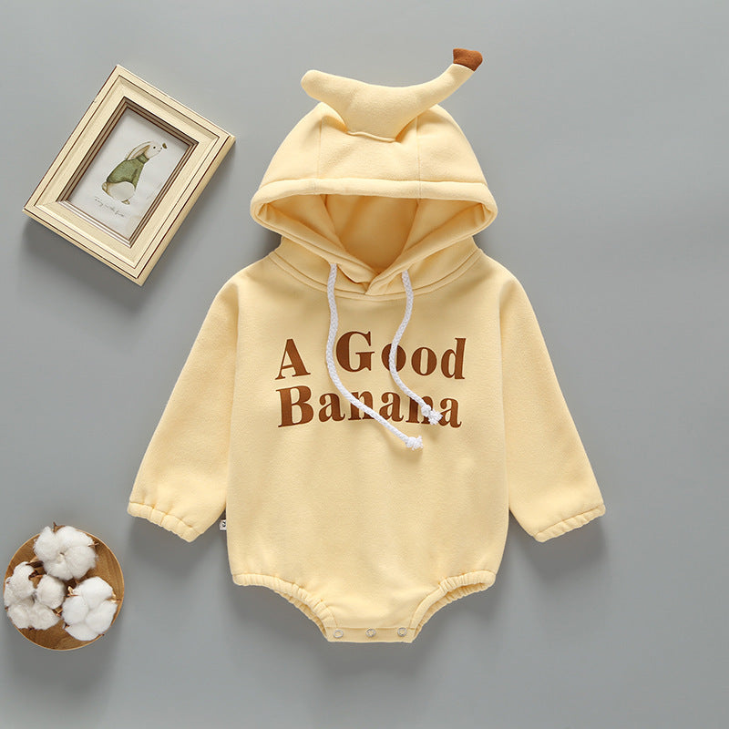 Baby Slogan Print Pattern 3D Banana Patched Hat Long Sleeved Bodysuit Onesies