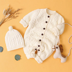 Baby Baby Cable Knitted Pattern Button Front Design Long Sleeve Warm Rompers & Hat