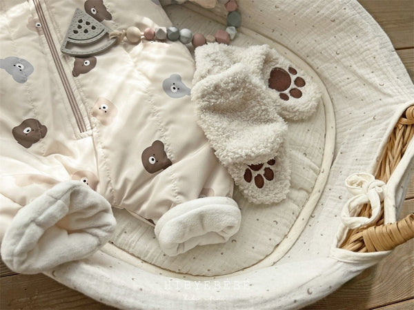 Baby Bear Print Pattern Quilted Warm Coat & Jumpsuit