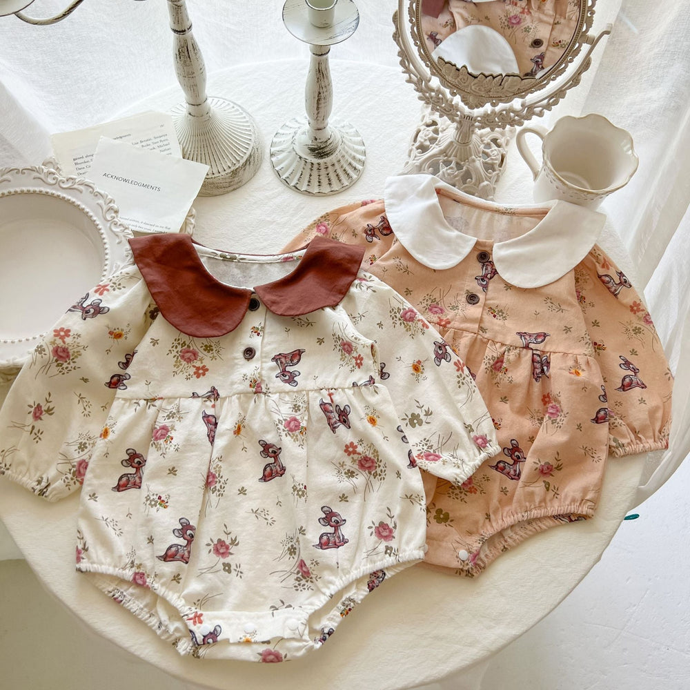 Baby Girl Flower & Deer Pattern Doll Neck Cotton Bodysuit