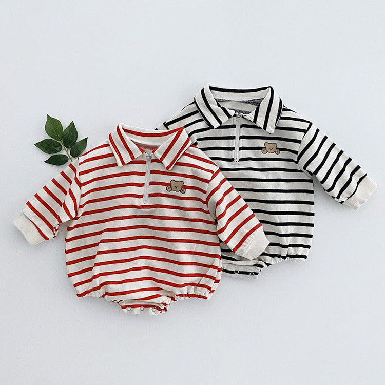 Baby Striped & Cartoon Patched Graphic Polo Neck Long Sleeves Bodysuit Onesies