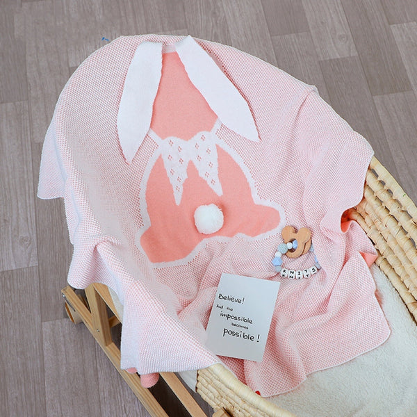 Kids 1pcs Cartoon Bunny Embroidery 3D Tail Patched Pure Cotton Blanket