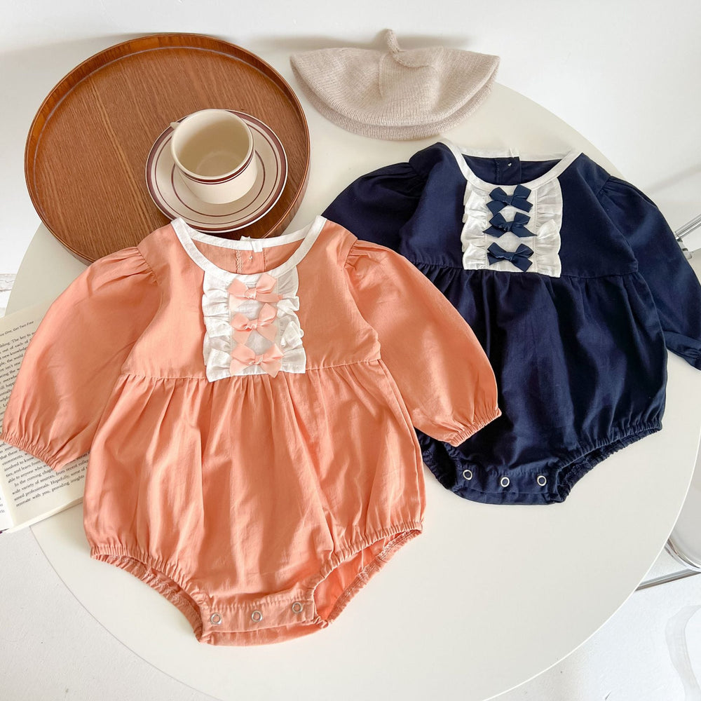 Baby Girl Lace Bow Decoration Solid Color Long Sleeves Bodysuit