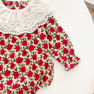 Baby Girl Flower Pattern Labeled Collar Design Long Sleeve Bodysuit