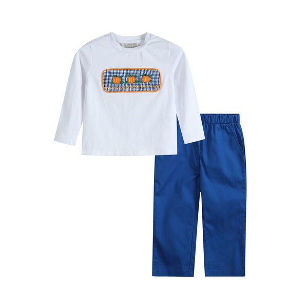 Pumpkin Smocked White Shirt and Blue Pants Set