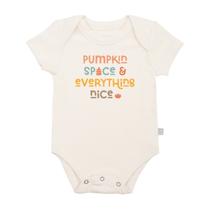 Pumpkin spice graphic bodysuit for babies, short sleeve onesie, perfect for fall outfits.