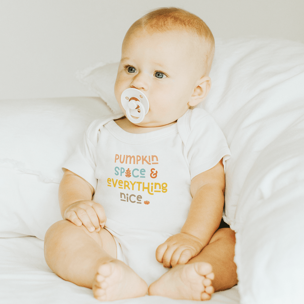 Pumpkin spice graphic bodysuit for babies, short sleeve onesie, perfect for fall outfits.