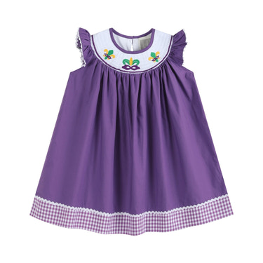 Purple and Gingham Mardi Gras Smocked Bishop Dress - MOOGCO Baby
