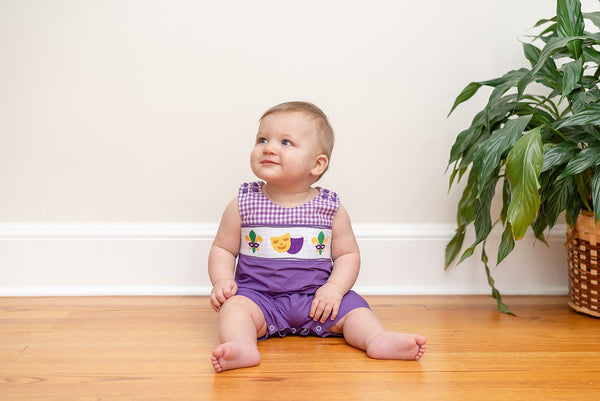 Purple and Gingham Mardi Gras Smocked Shortalls