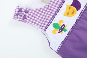 Purple and Gingham Mardi Gras Smocked Shortalls