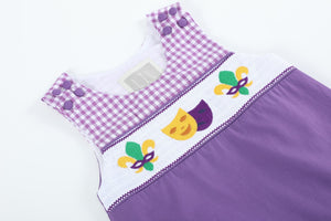 Purple and Gingham Mardi Gras Smocked Shortalls