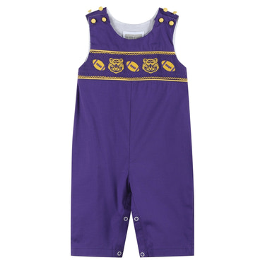 Purple and Gold Football and Tiger Smocked Overalls