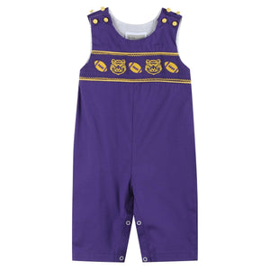 Purple and Gold Football and Tiger Smocked Overalls
