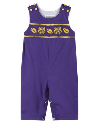 Purple and Gold Football and Tiger Smocked Overalls