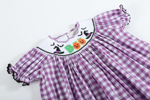 Purple Gingham Halloween Boo Smocked Bishop Dress