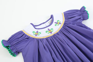 Purple Mardi Gras Smocked Bishop Dress