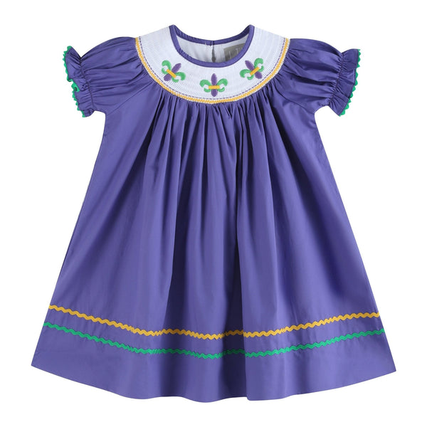 Purple Mardi Gras Smocked Bishop Dress