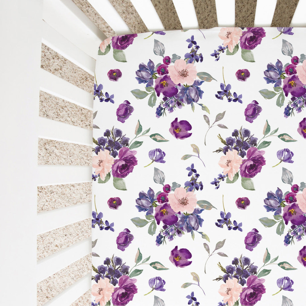 Purple & Blush Floral Fitted Crib Sheet - MOOGCO Baby