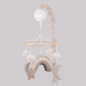 Rainbow Moon and Stars Pom Pom Ivory, Taupe, and Natural Wood Tones Plush Nursery Musical Mobile