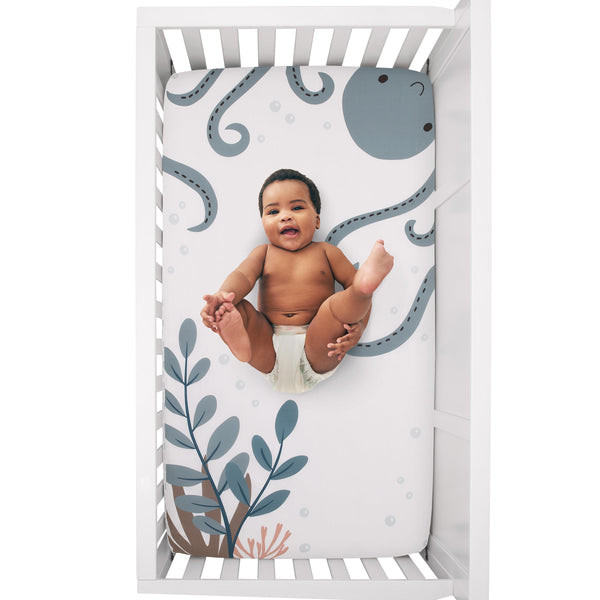 Explore Dream Discover Light Blue, Navy, and White Octopus 100% Cotton Nursery Photo Op Fitted Crib Sheet