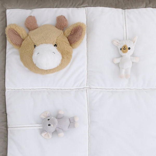 Playful Pals White, Tan, and Gray Four 3D Animals With Crinkle Plush Tummy Time Play Mat - Sloth, Llama, Elephant, and Giraffe