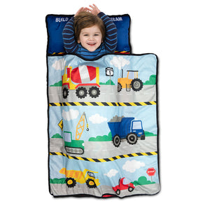Construction Toddler Nap Mat - Includes Removable Pillow and Attached Fleece Blanket