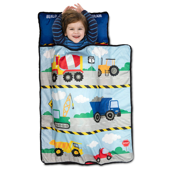 Construction Toddler Nap Mat - Includes Removable Pillow and Attached Fleece Blanket