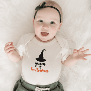 Graphic short sleeve onesie for babies, "Queen of Halloween," shown from angle 2. Perfect for festive occasions!