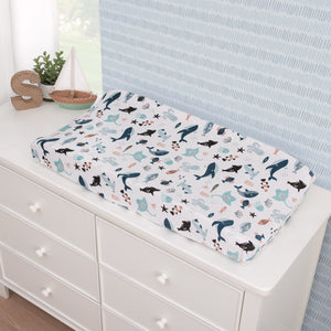 Explore Dream Discover Light Blue, Navy, Gray, and Coral Super Soft Contoured Changing Pad Cover