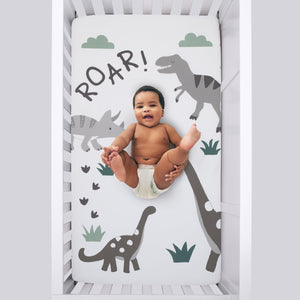 Baby-Saurus Photo Op ROAR White, Gray, and Green Dinosaur with Clouds Nursery Fitted Crib Sheet