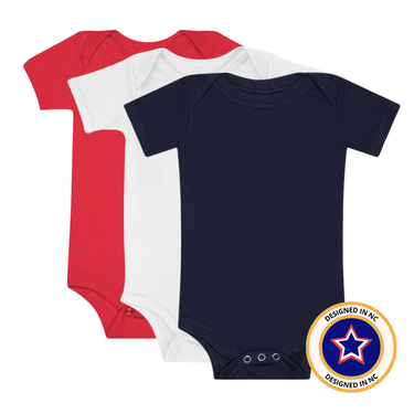 "RAD NEUTRALS AMERICANA 3-pack baby onesies in stylish designs for infants."
