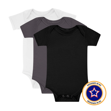 "RAD Neutrals monochrome onesie 3-pack for babies, featuring stylish and comfortable designs."