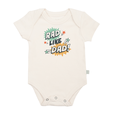 "Graphic short sleeve bodysuit for babies - 'Rad Like Dad' explosion design, perfect for stylish little ones."