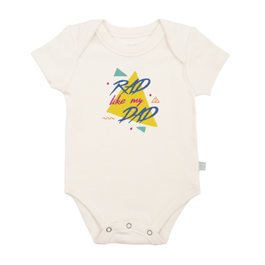 "Rad like my dad graphic short sleeve bodysuit for babies, stylish and fun baby clothing."