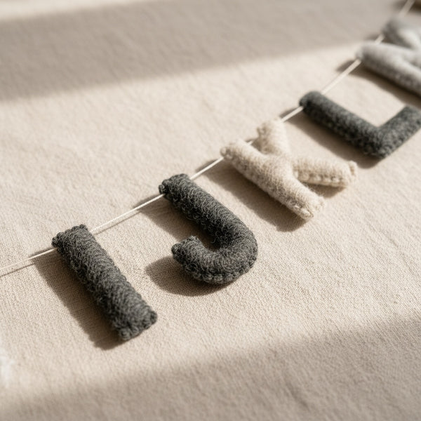Close-up of felt alphabet letters on a linen surface showing wool felt texture in natural light