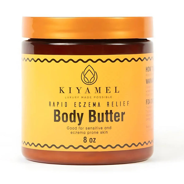 Rapid Eczema Relief Body Butter in a jar, showcasing a smooth texture, perfect for soothing baby's sensitive skin.